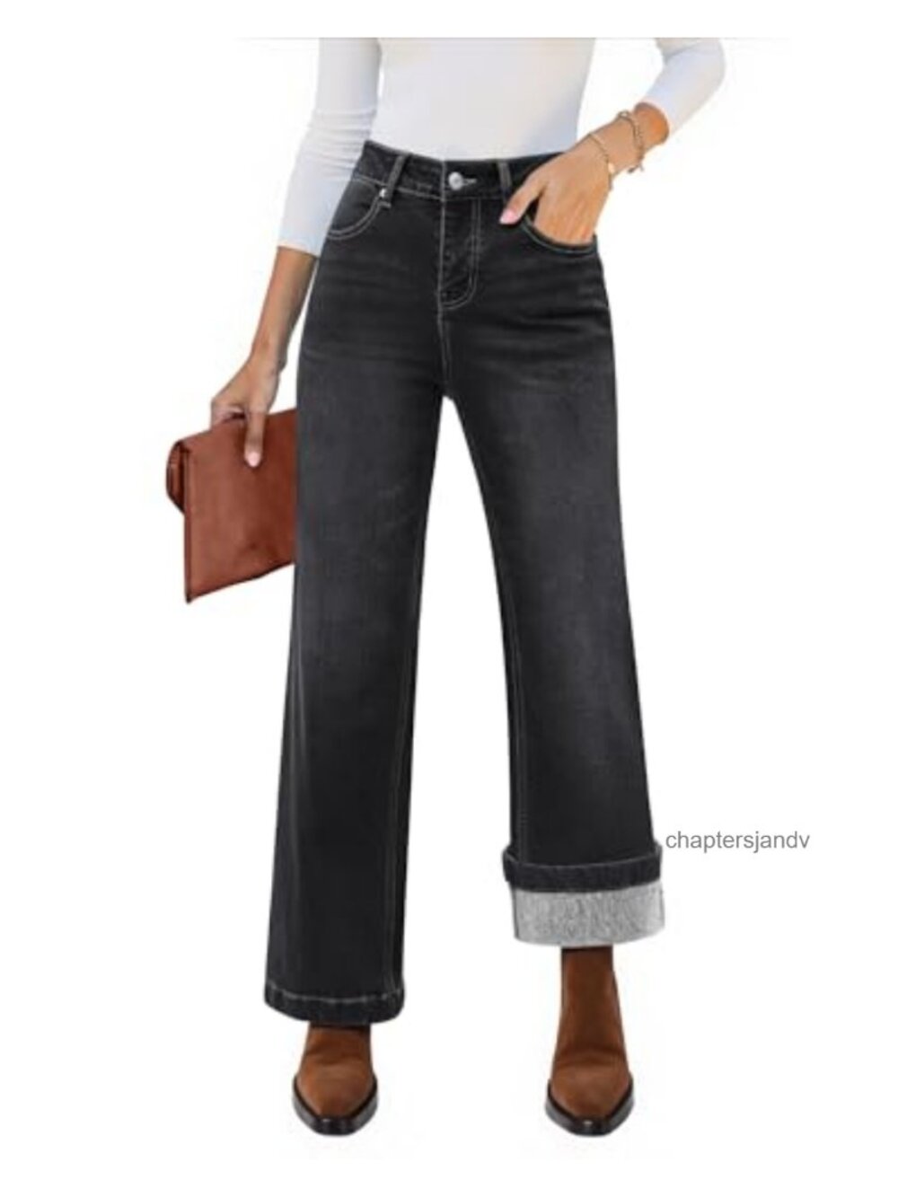 luvamia High Waisted Wide Leg Flare Jeans Fleece Lined Stretch Denim